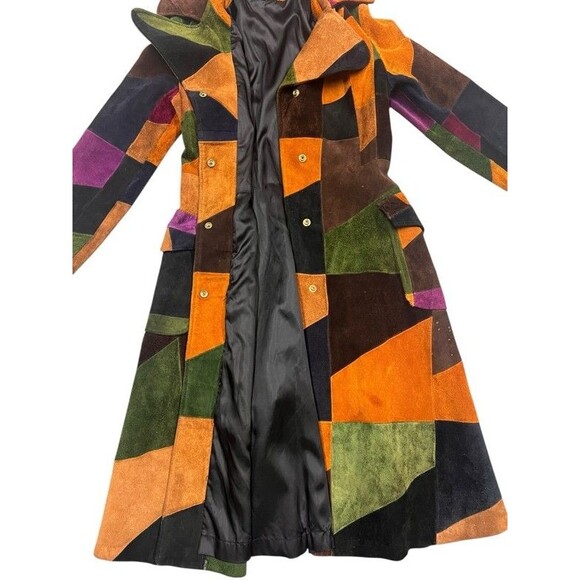 Vintage 70's Leather Suede Patchwork Hippie Boho Snap Button Long Jacket Coat 12 - Picture 6 of 16